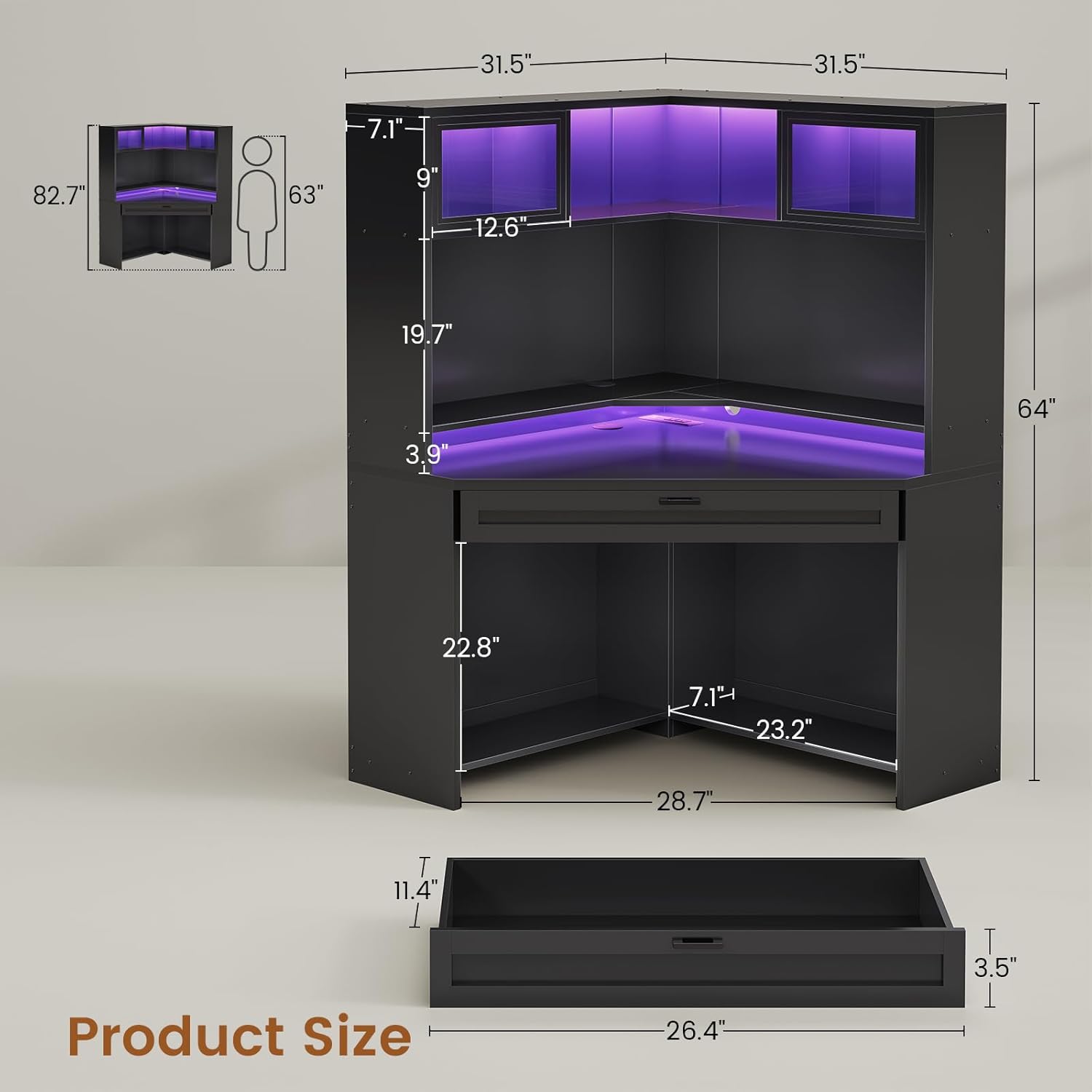 LED/Power Corner Desk with Hutch