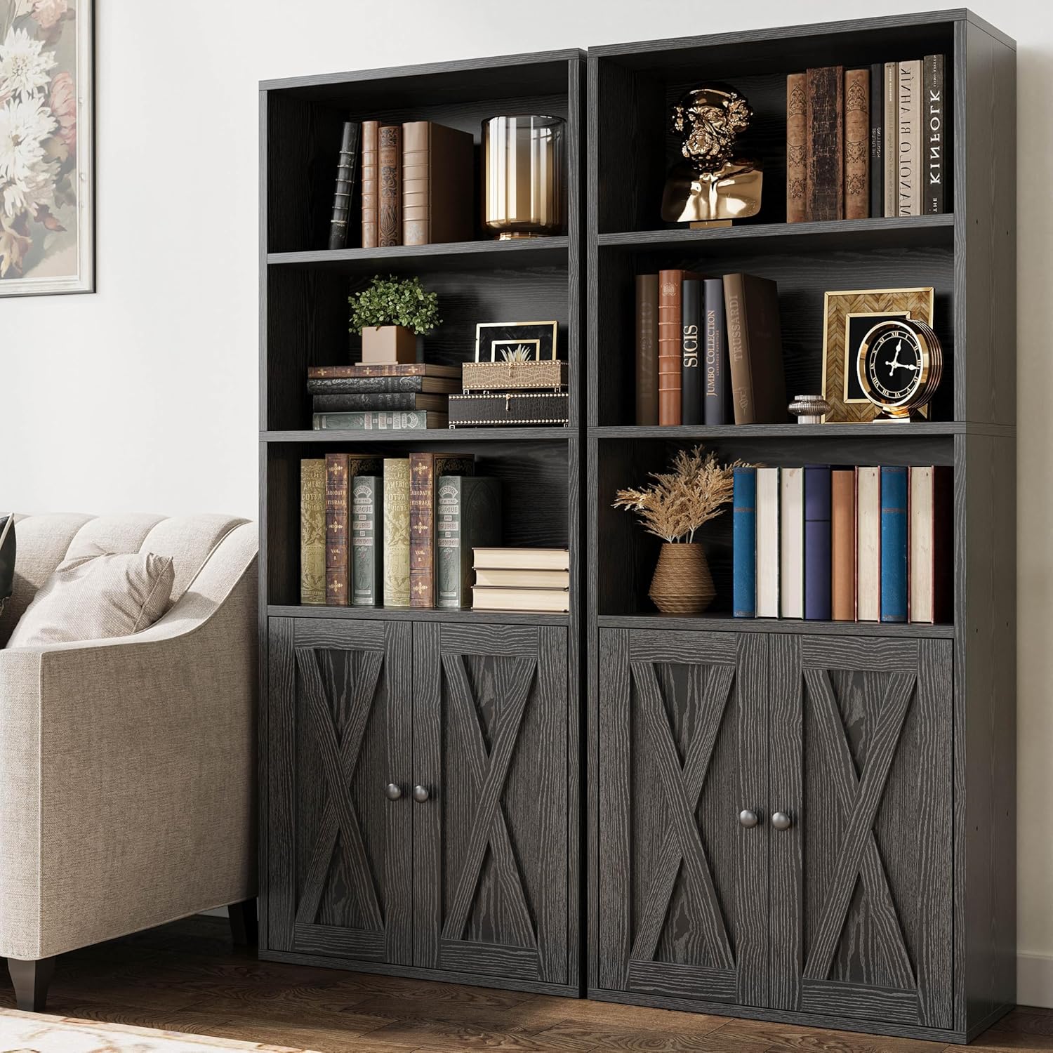 5-Tier Bookshelf with Doors (Set of 2)